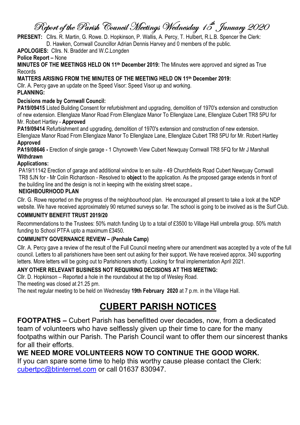 Cubert Parish Notices