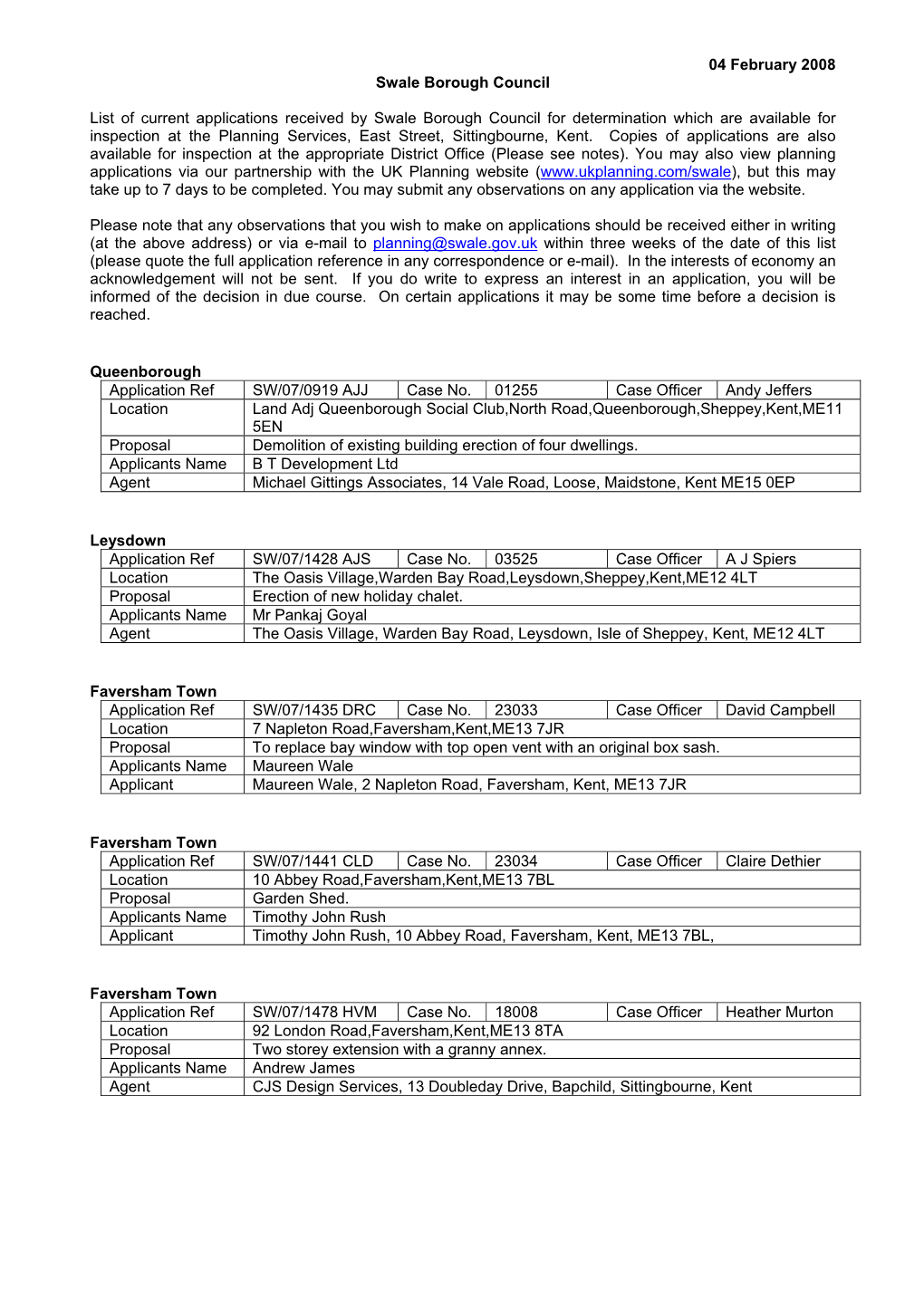 04 February 2008 Swale Borough Council List of Current Applications