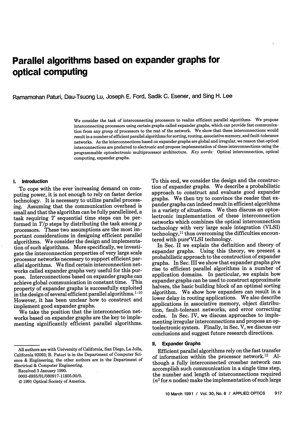 Parallel Algorithms Based on Expander Graphs for Optical Computing