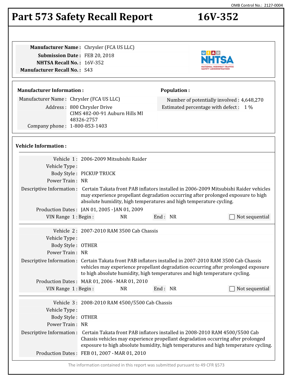 Part 573 Safety Recall Report 16V-352