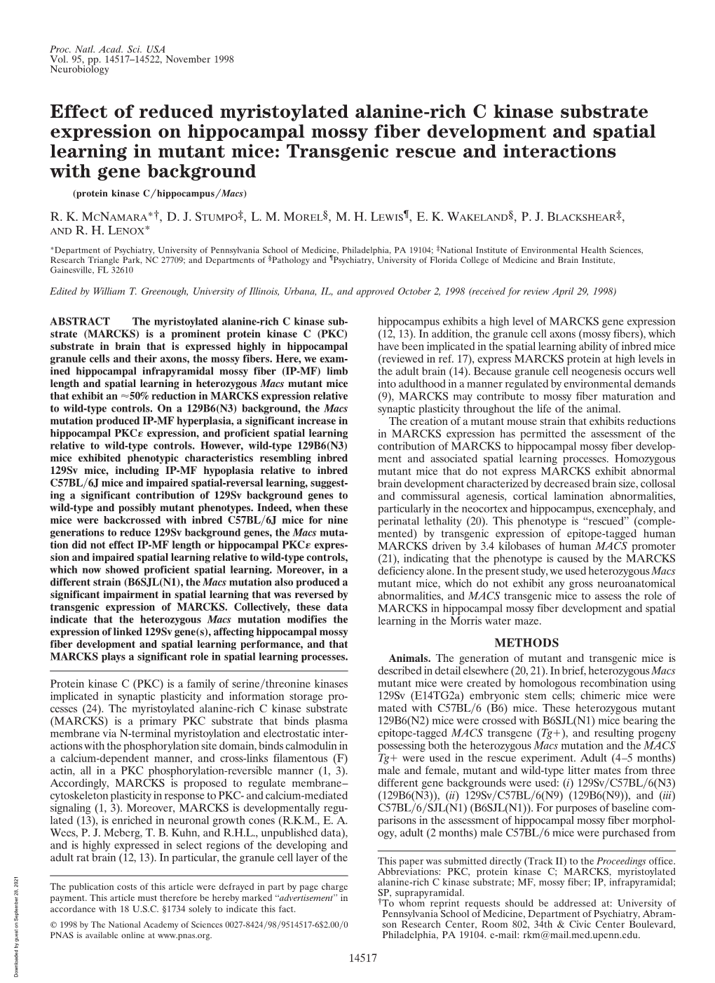 Effect of Reduced Myristoylated Alanine-Rich C Kinase Substrate