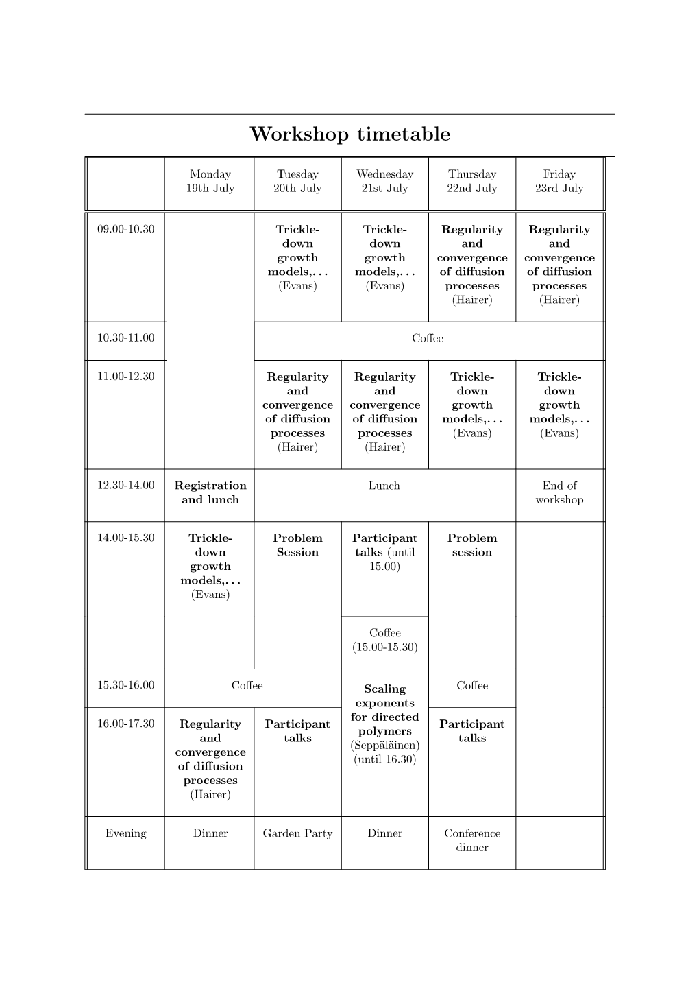 Workshop Timetable