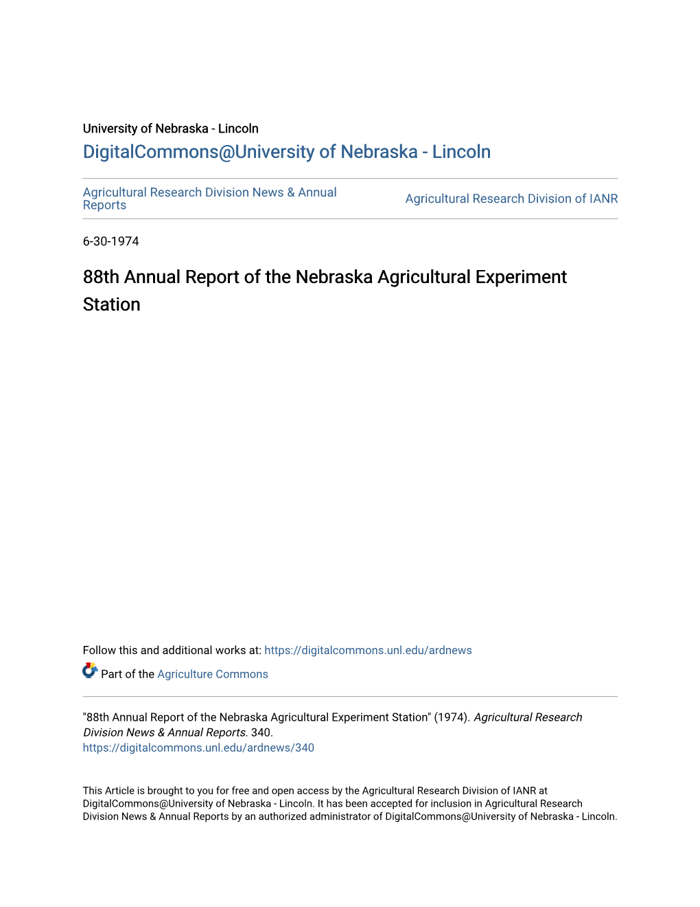 88Th Annual Report of the Nebraska Agricultural Experiment Station