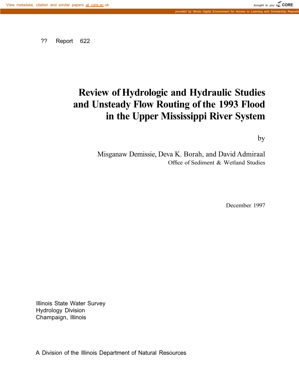 Review of Hydrologic and Hydraulic Studies and Unsteady Flow Routing of the 1993 Flood in the Upper Mississippi River System