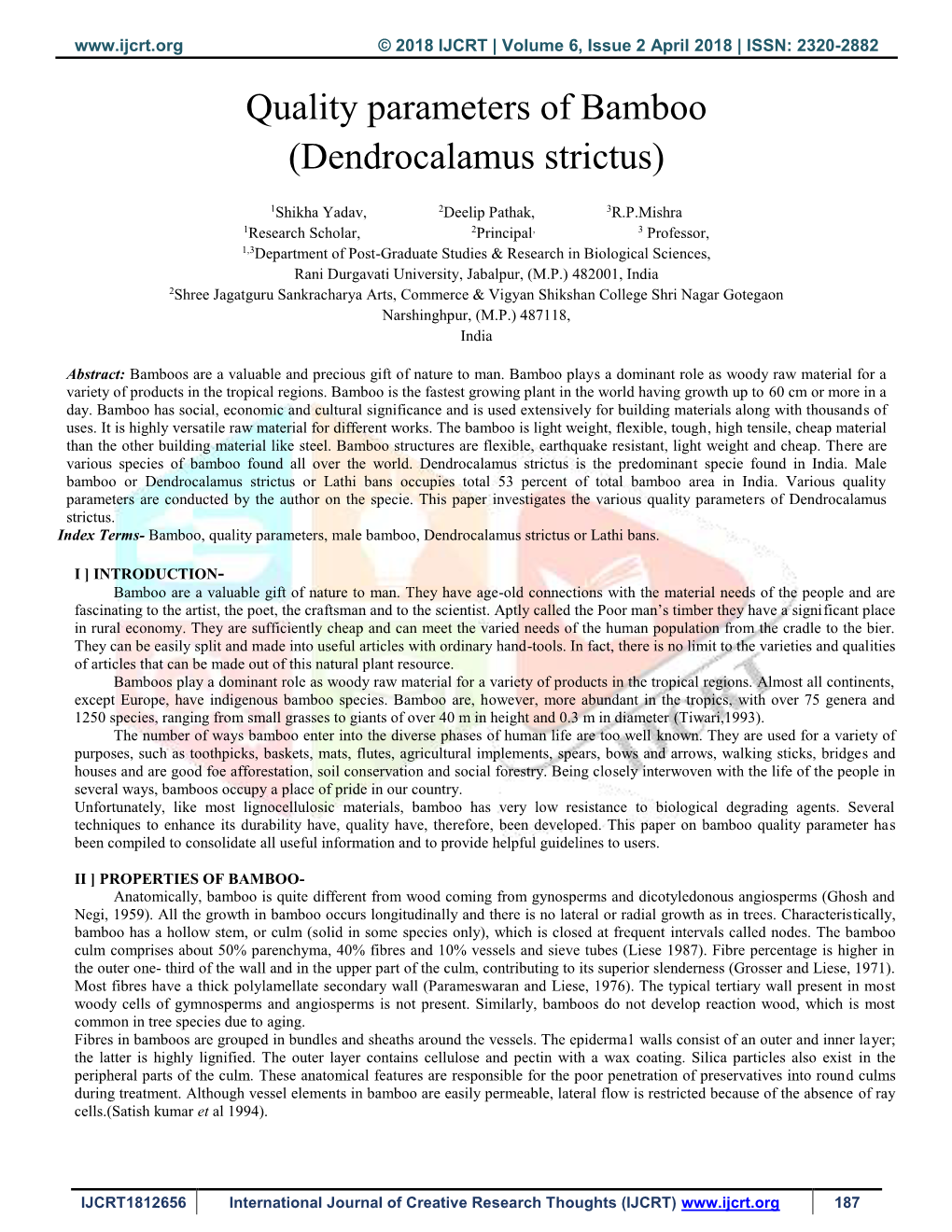 Quality Parameters of Bamboo (Dendrocalamus Strictus)