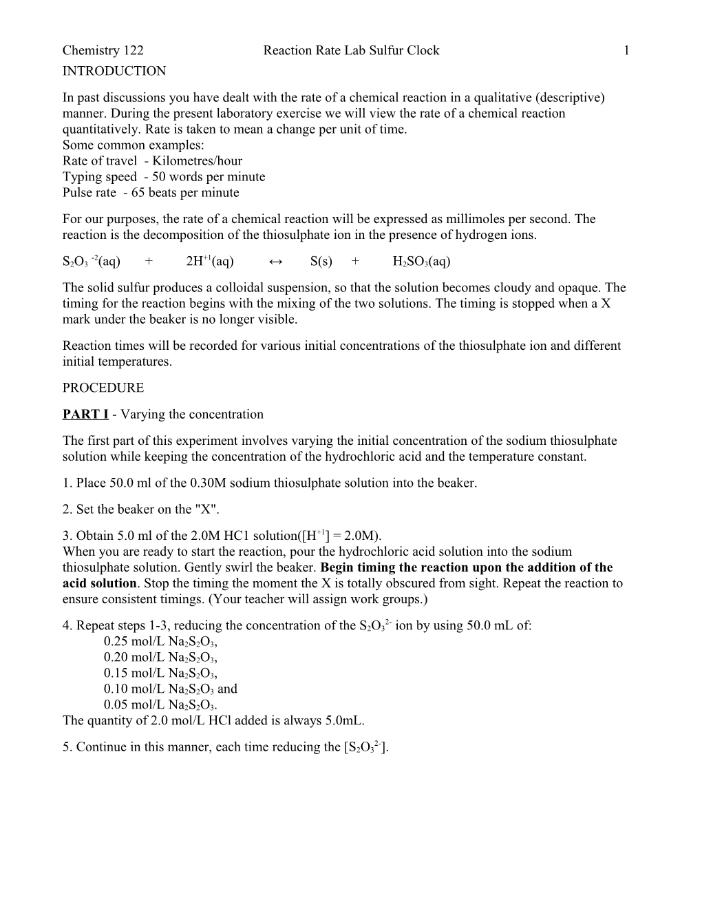 Reaction Rate Lab Sulfur Clock