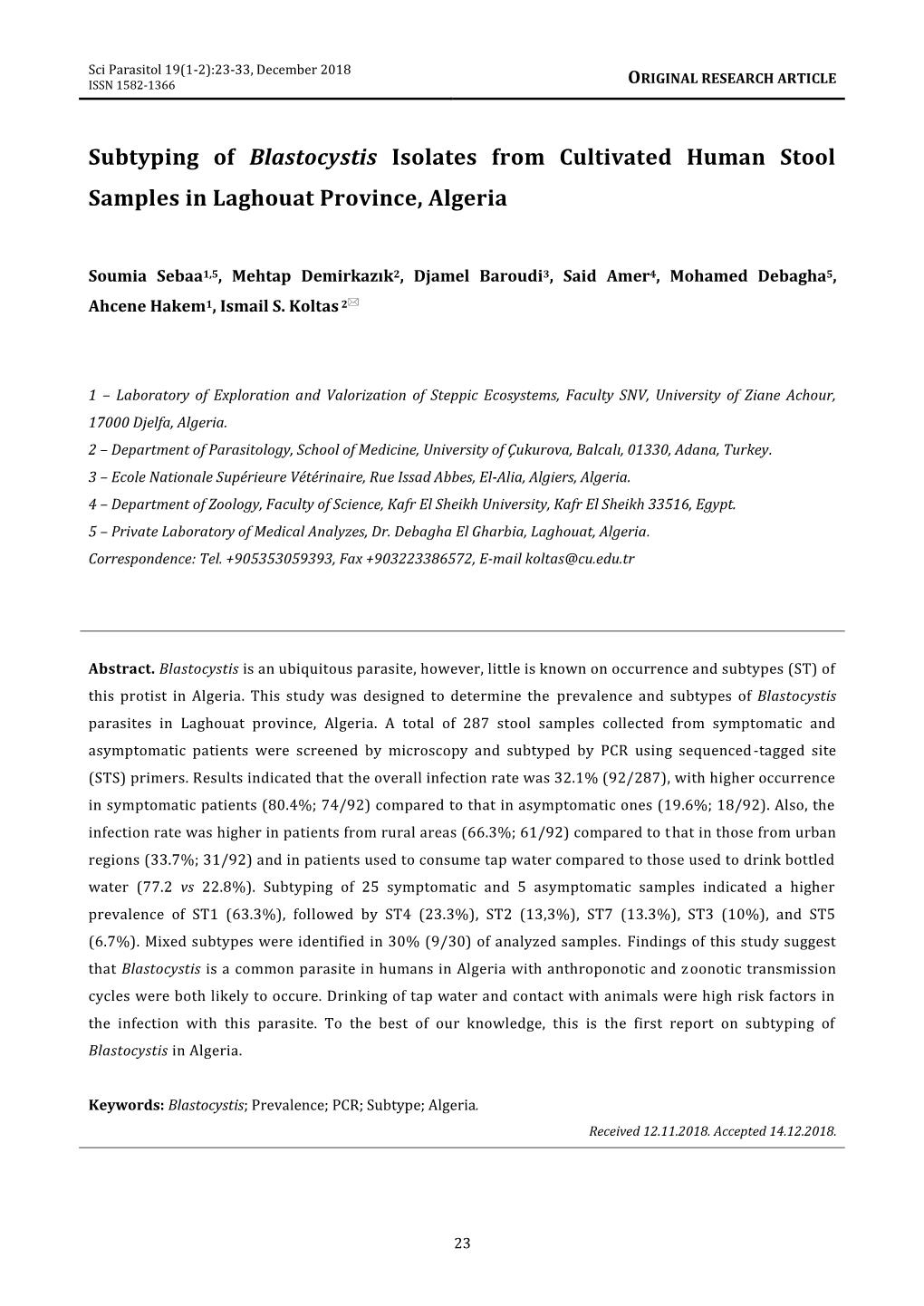 Subtyping of Blastocystis Isolates from Cultivated Human Stool Samples in Laghouat Province, Algeria