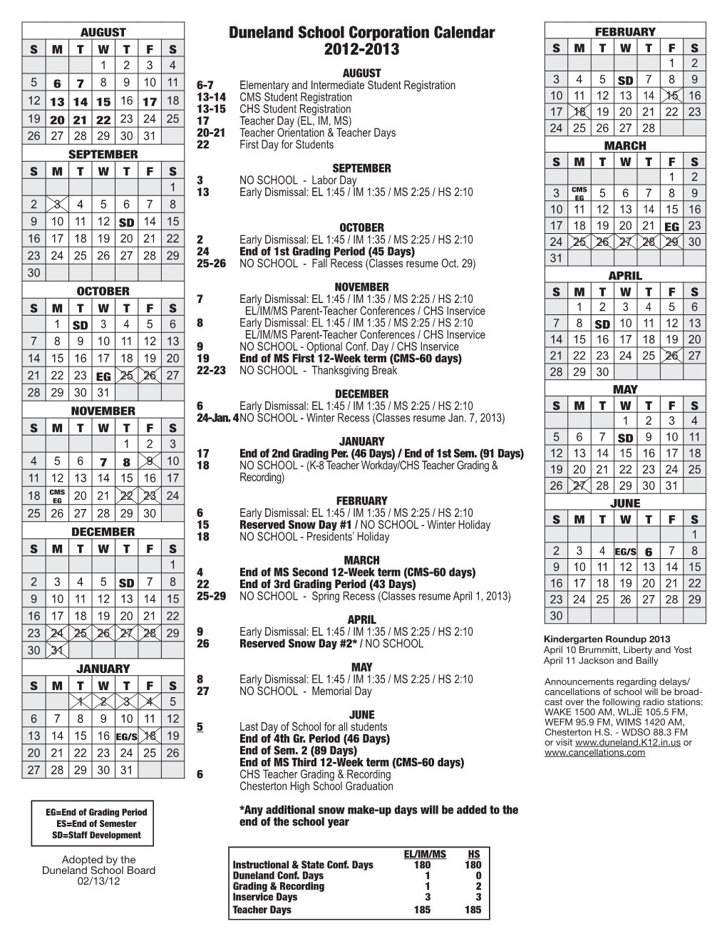 Duneland School Corporation Calendar 2012-2013