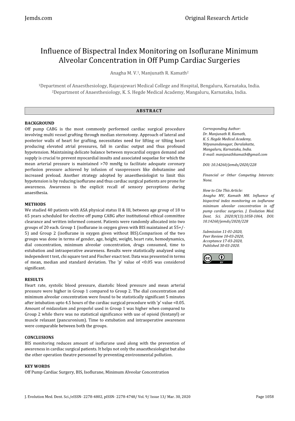 Influence of Bispectral Index Monitoring on Isoflurane Minimum Alveolar Concentration in Off Pump Cardiac Surgeries