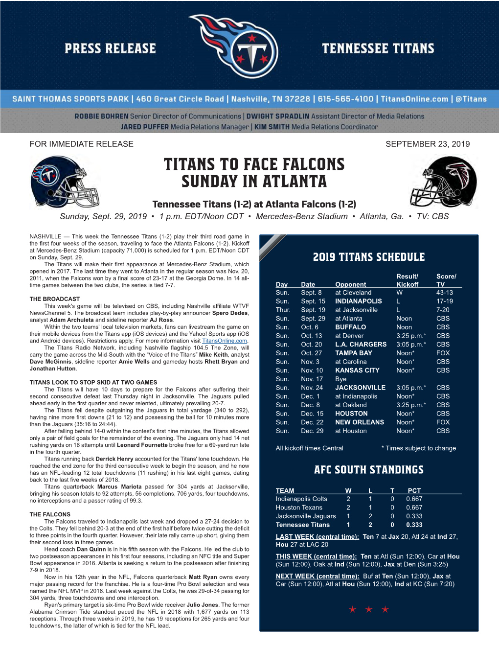 TITANS to FACE FALCONS SUNDAY in ATLANTA Tennessee Titans (1-2) at Atlanta Falcons (1-2) Sunday, Sept