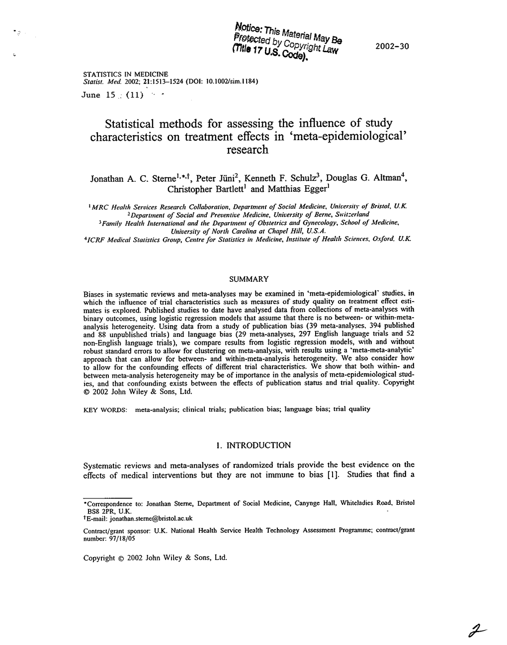 Statistical Methods for Assessing the Influence of Study Characteristics on Treatment Effects in 'Meta-Epidemiological' Research