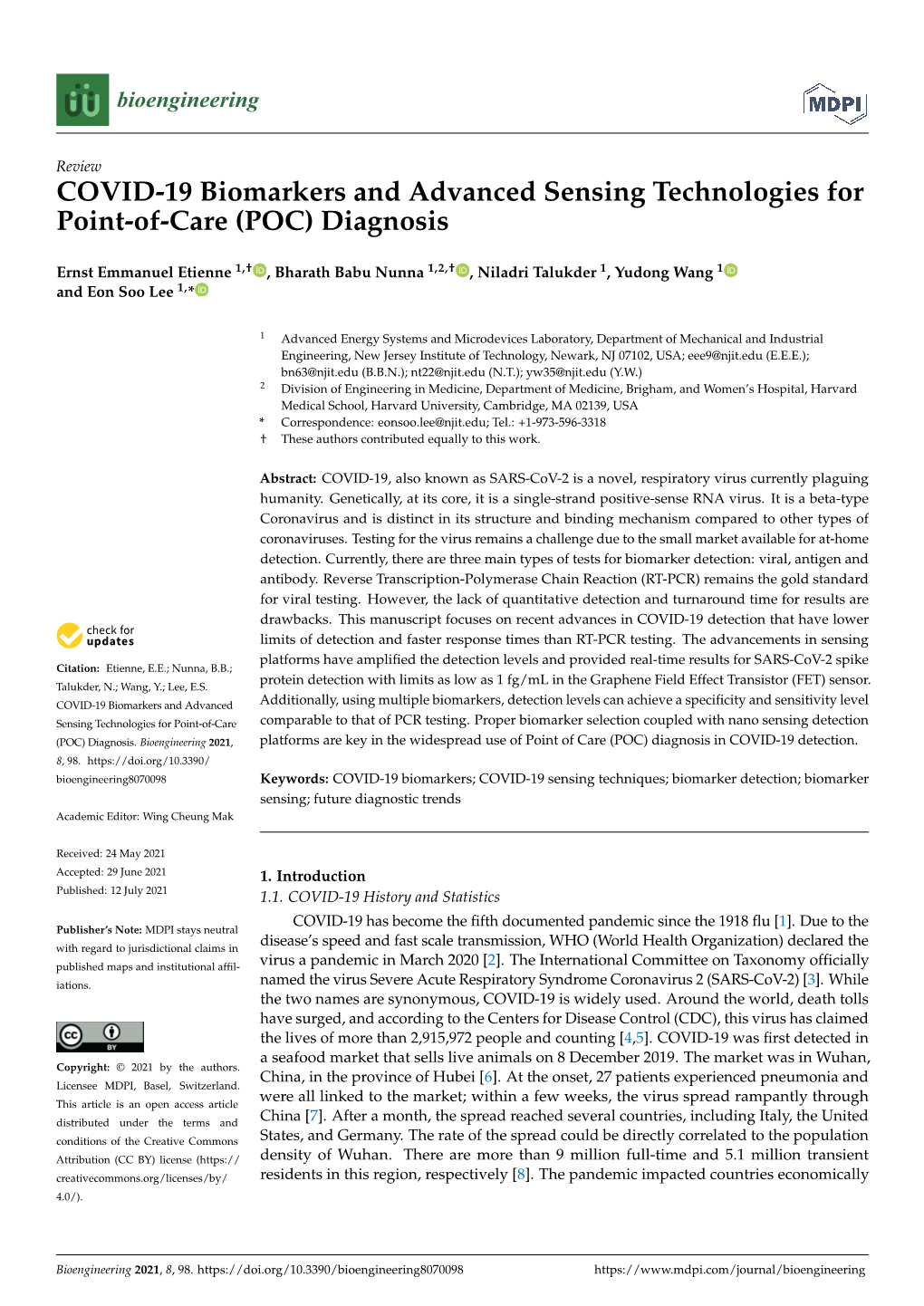 COVID-19 Biomarkers and Advanced Sensing Technologies for Point-Of-Care (POC) Diagnosis