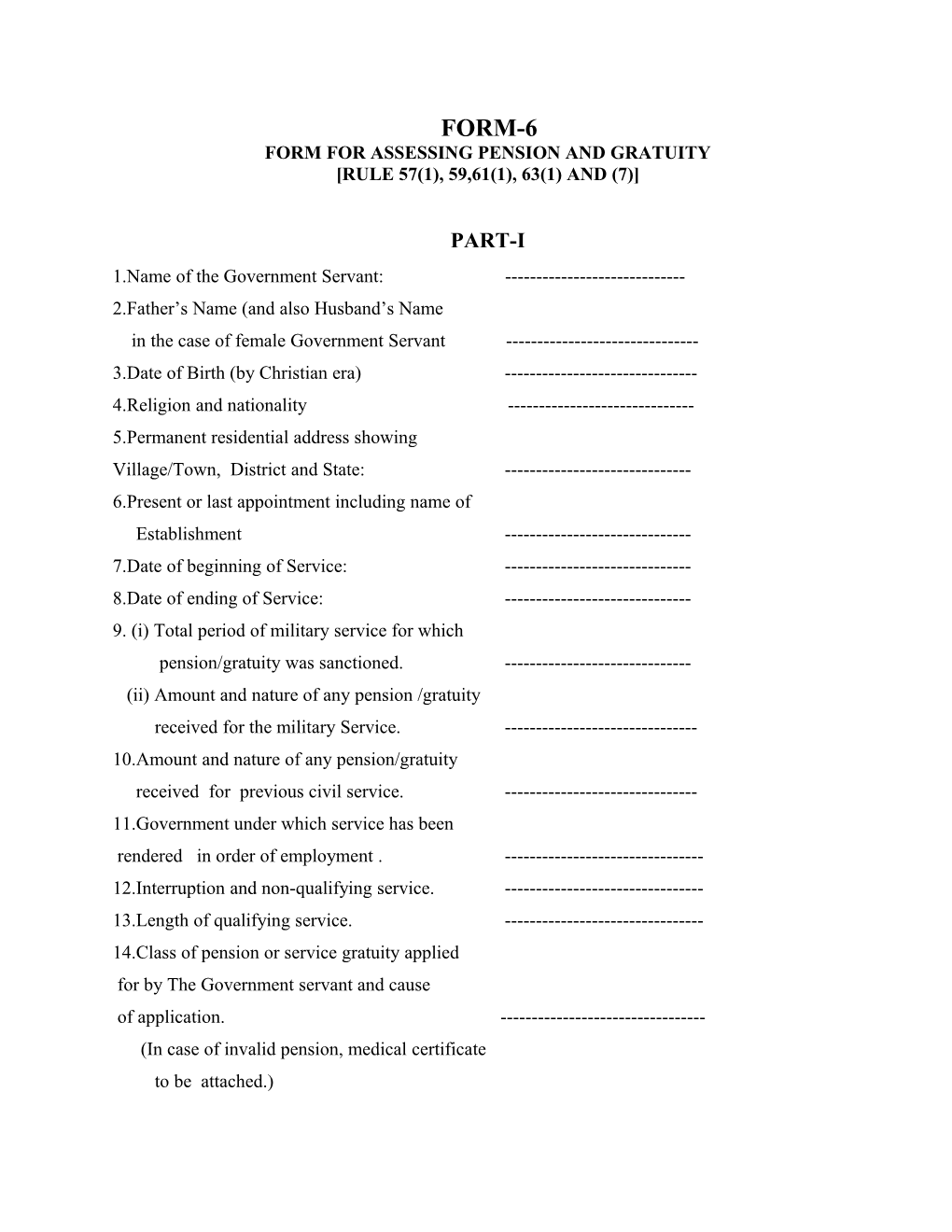 Form for Assessing Pension and Gratuity