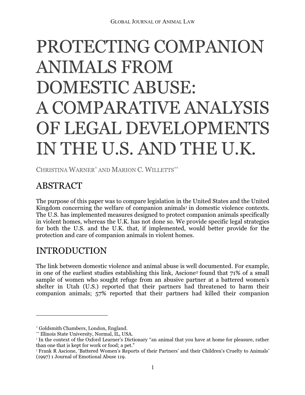 Protecting Companion Animals from Domestic Abuse: a Comparative Analysis of Legal Developments in the U.S