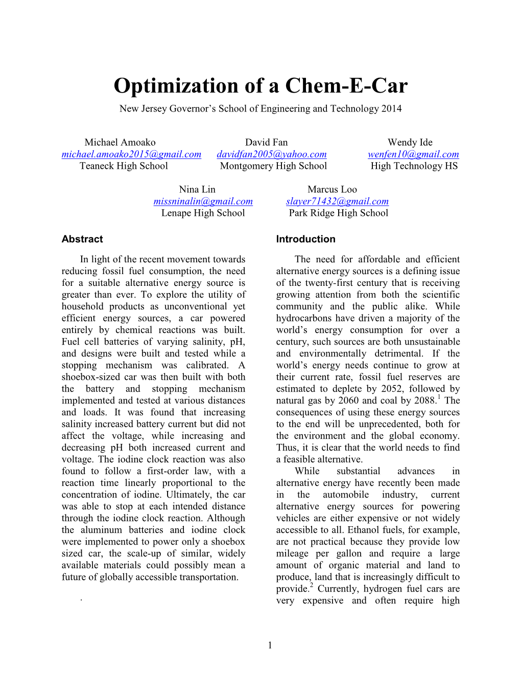 Optimization of a Chem-E-Car New Jersey Governor’S School of Engineering and Technology 2014