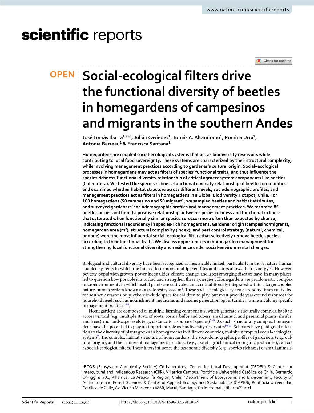 Social-Ecological Filters Drive the Functional Diversity of Beetles in Homegardens of Campesinos and Migrants in the Southern An