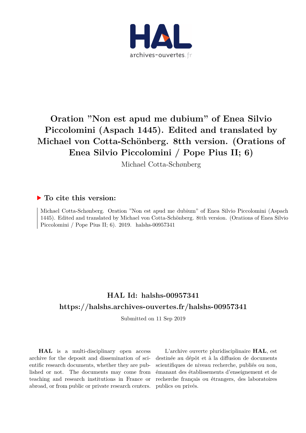 Of Enea Silvio Piccolomini (Aspach 1445). Edited and Translated by Michael Von Cotta-Schönberg