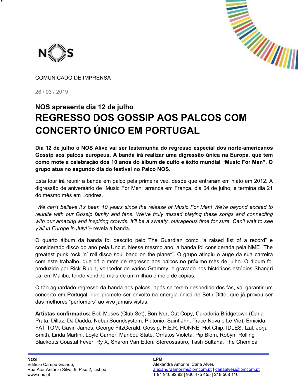 Regresso Dos Gossip Aos Palcos Com Concerto Único Em Portugal