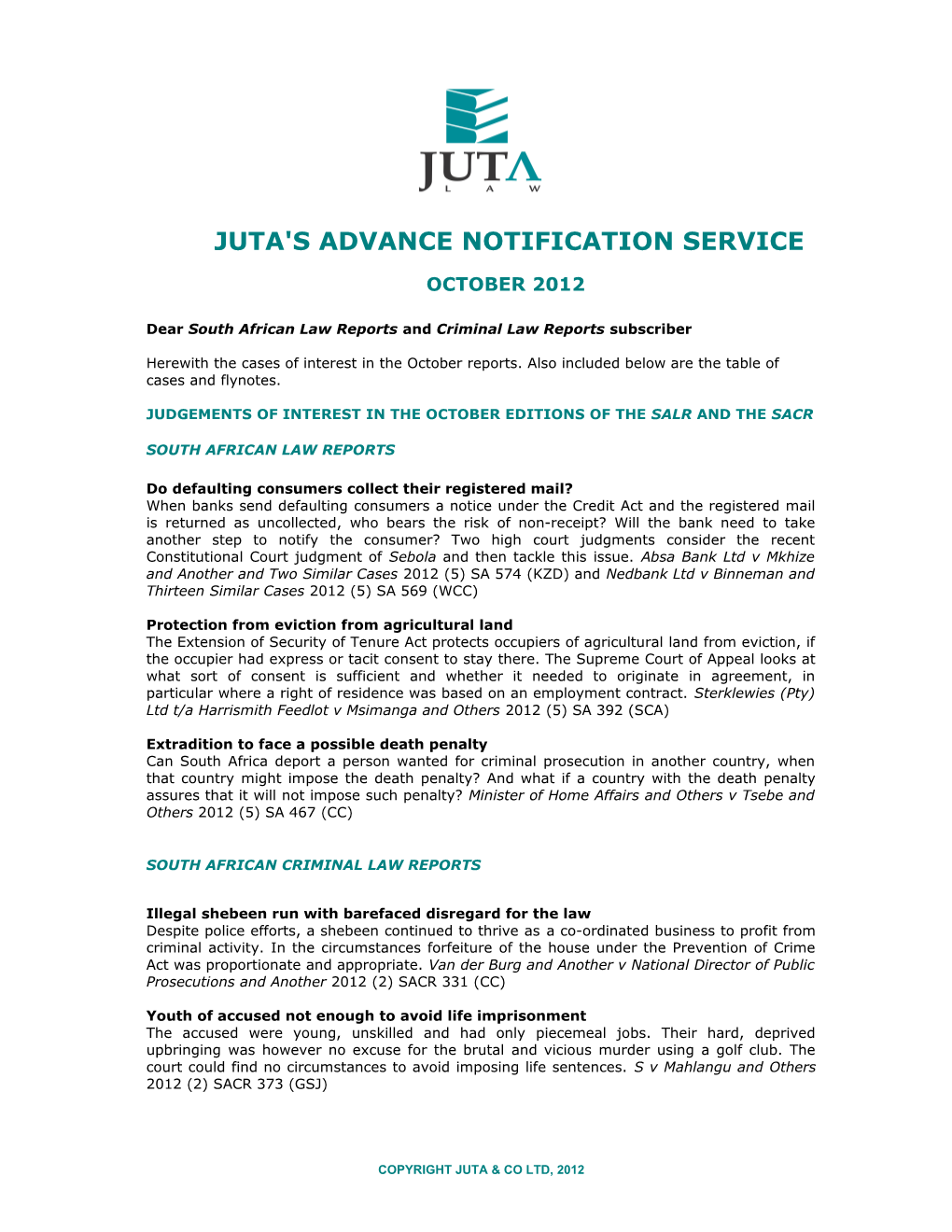 Juta's Advance Notification Service