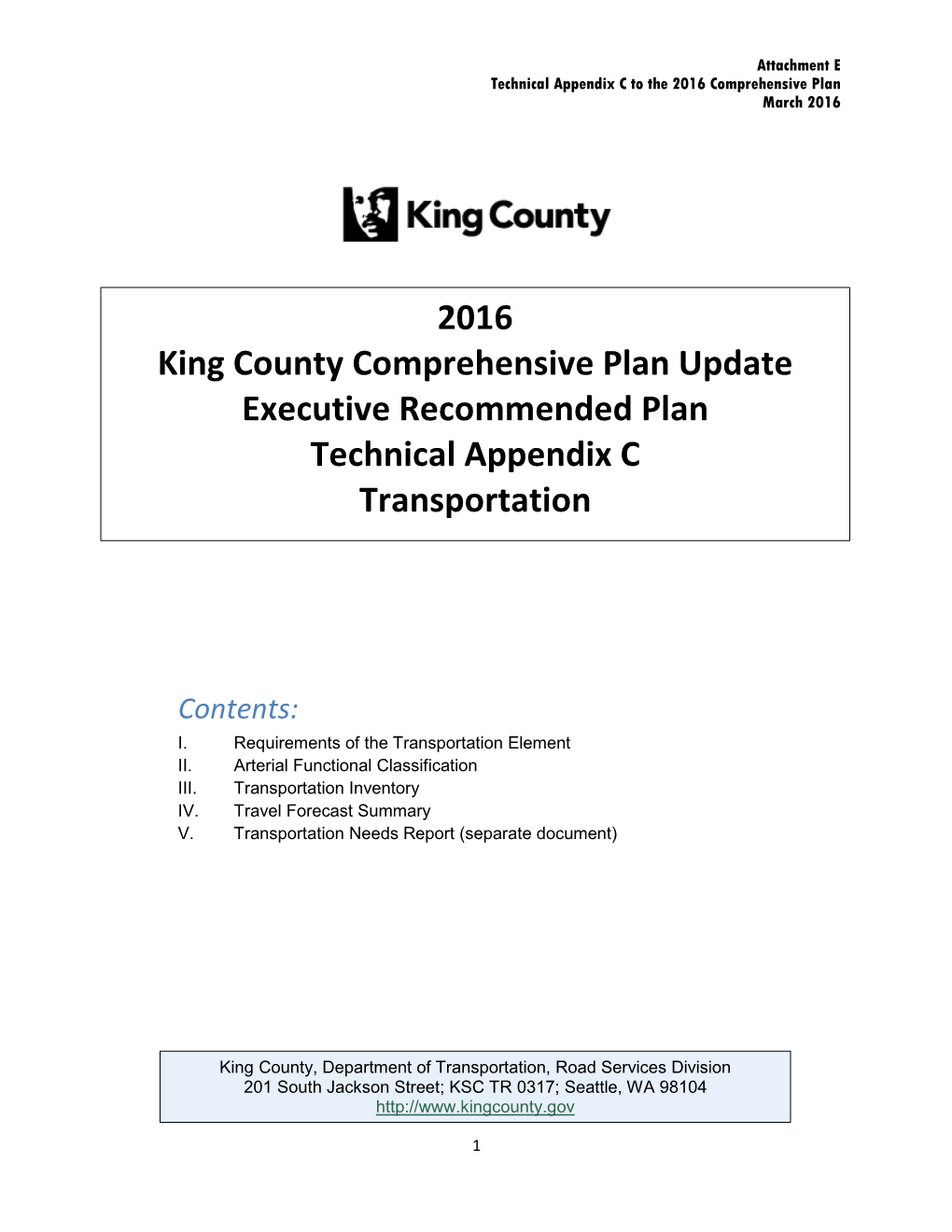 2016 King County Comprehensive Plan Update Executive Recommended Plan Technical Appendix C Transportation