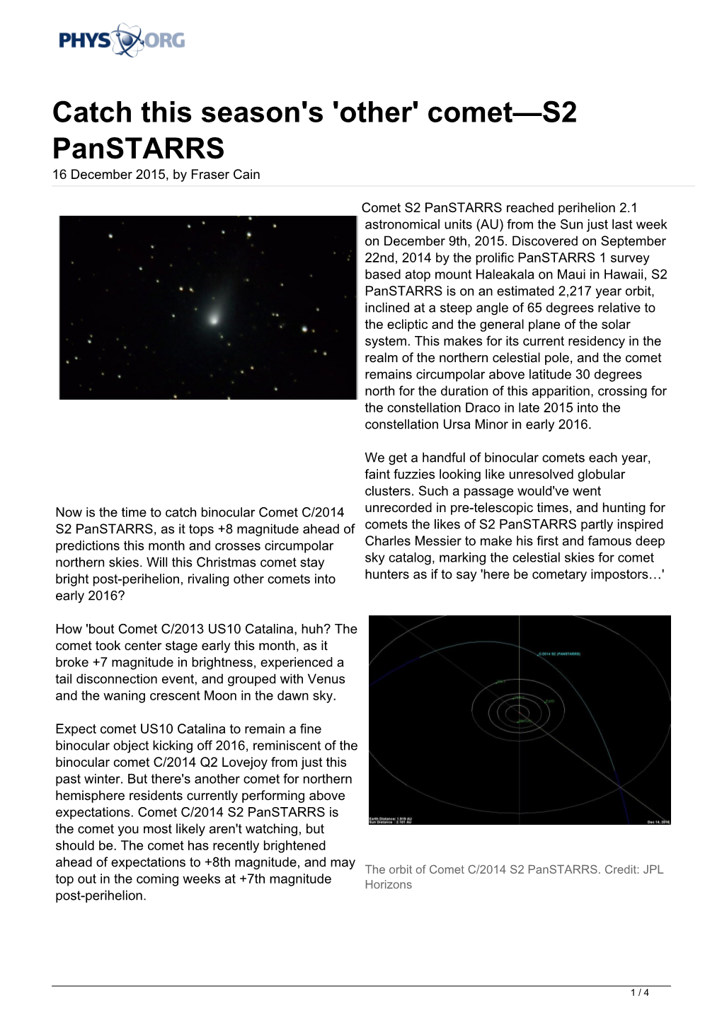 Comet—S2 Panstarrs 16 December 2015, by Fraser Cain