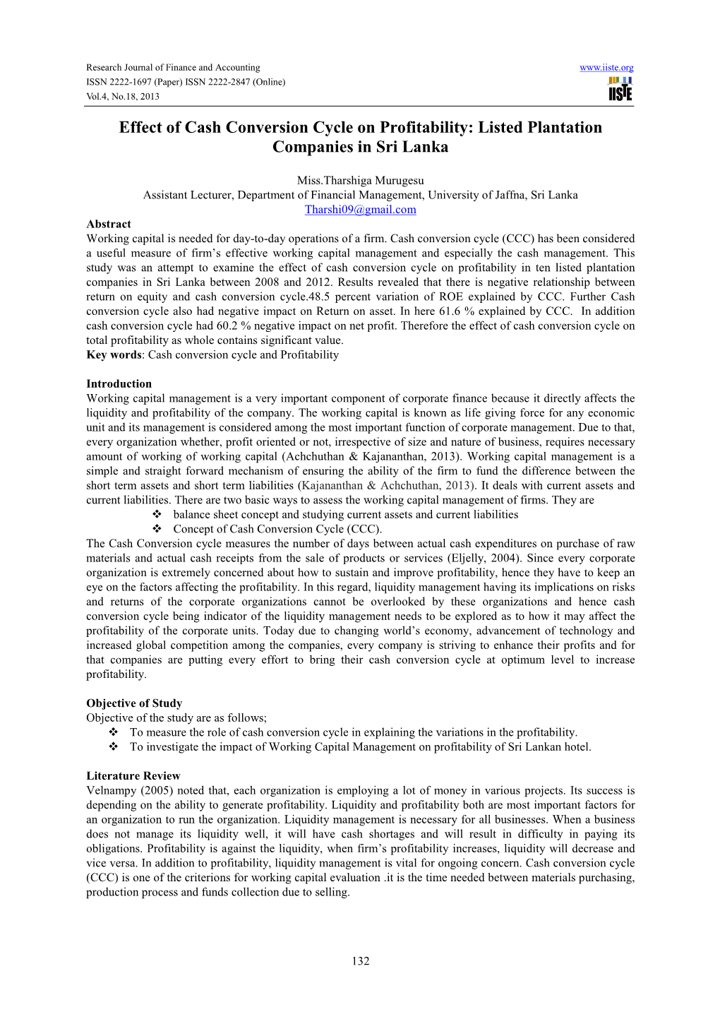 Effect of Cash Conversion Cycle on Profitability: Listed Plantation Companies in Sri Lanka