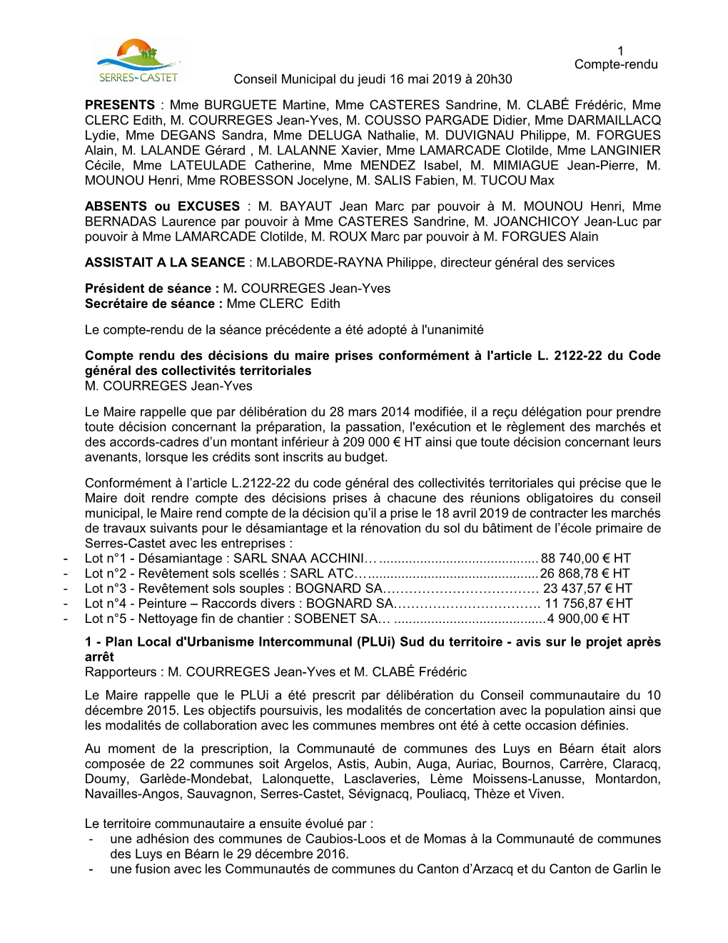 1 Compte-Rendu Conseil Municipal Du Jeudi 16 Mai 2019 À 20H30