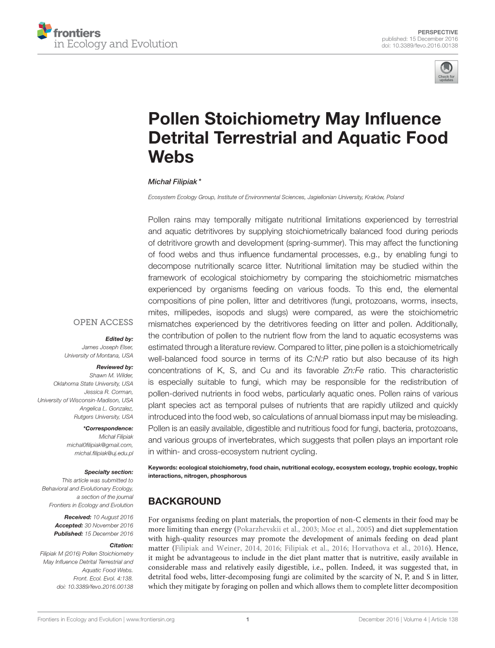 Pollen Stoichiometry May Influence Detrital Terrestrial and Aquatic Food