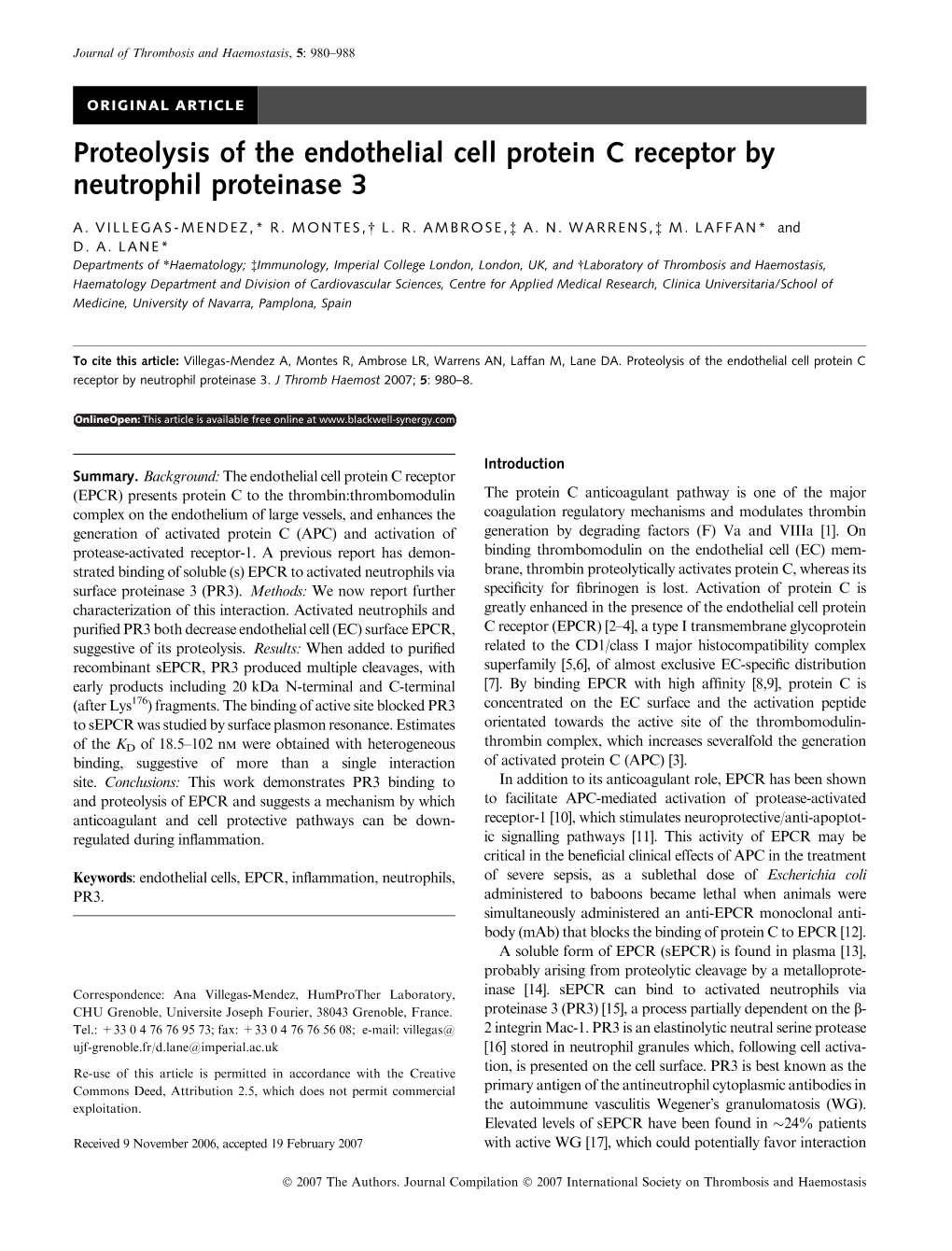 Proteolysis of the Endothelial Cell Protein C Receptor by Neutrophil Proteinase 3