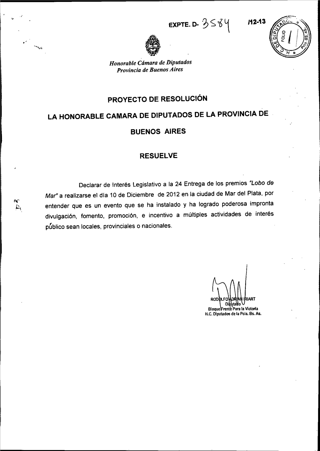 11 11 112-13 Proyecto De Resolución La Honorable Camara De Diputados De La Provincia De Buenos Aires Resuelve