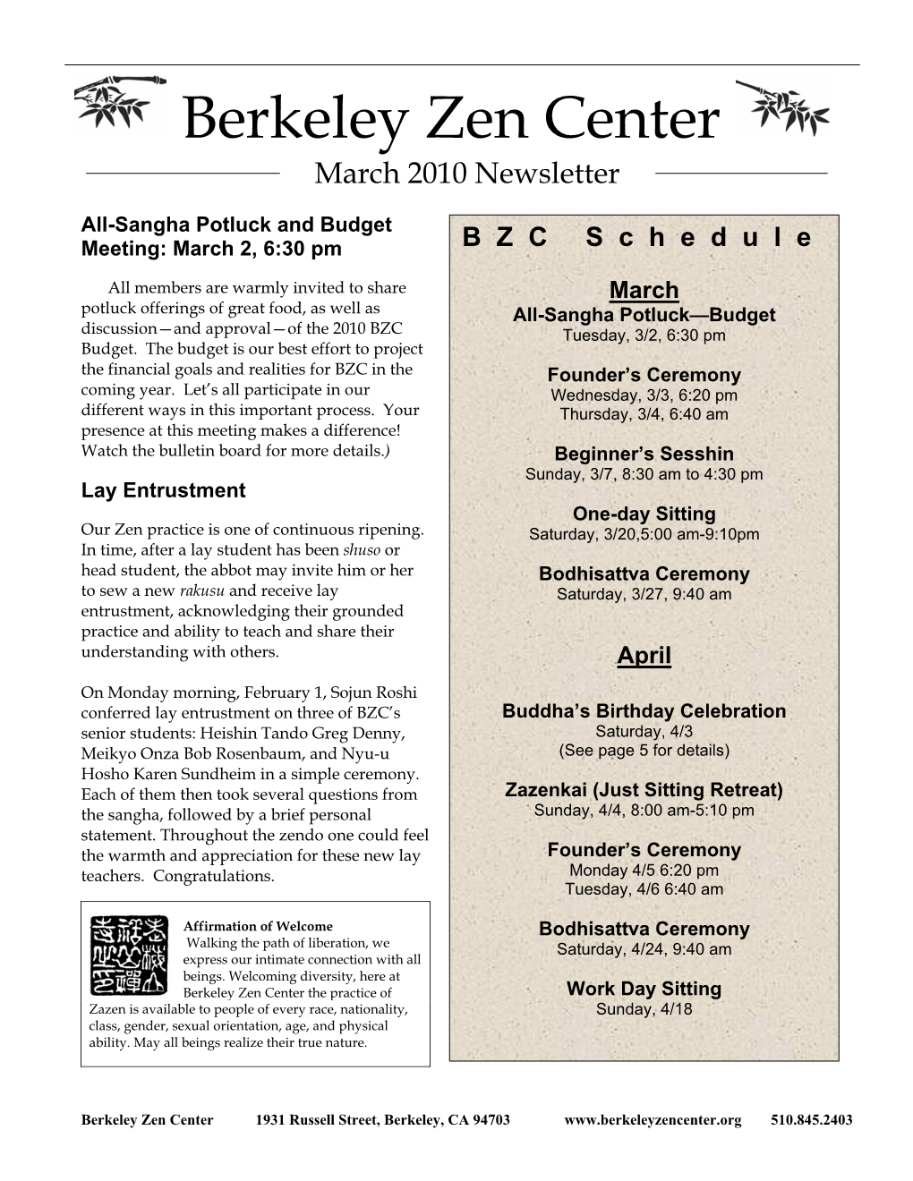 Berkeley Zen Center March 2010 Newsletter