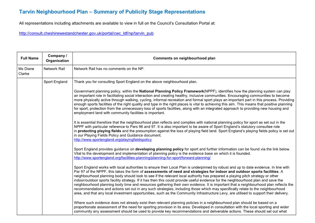 Tarvin Neighbourhood Plan – Summary of Publicity Stage Representations