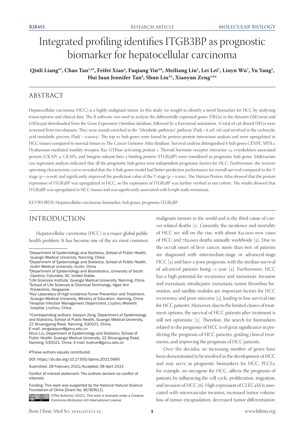 Integrated Profiling Identifies ITGB3BP As Prognostic Biomarker for Hepatocellular Carcinoma