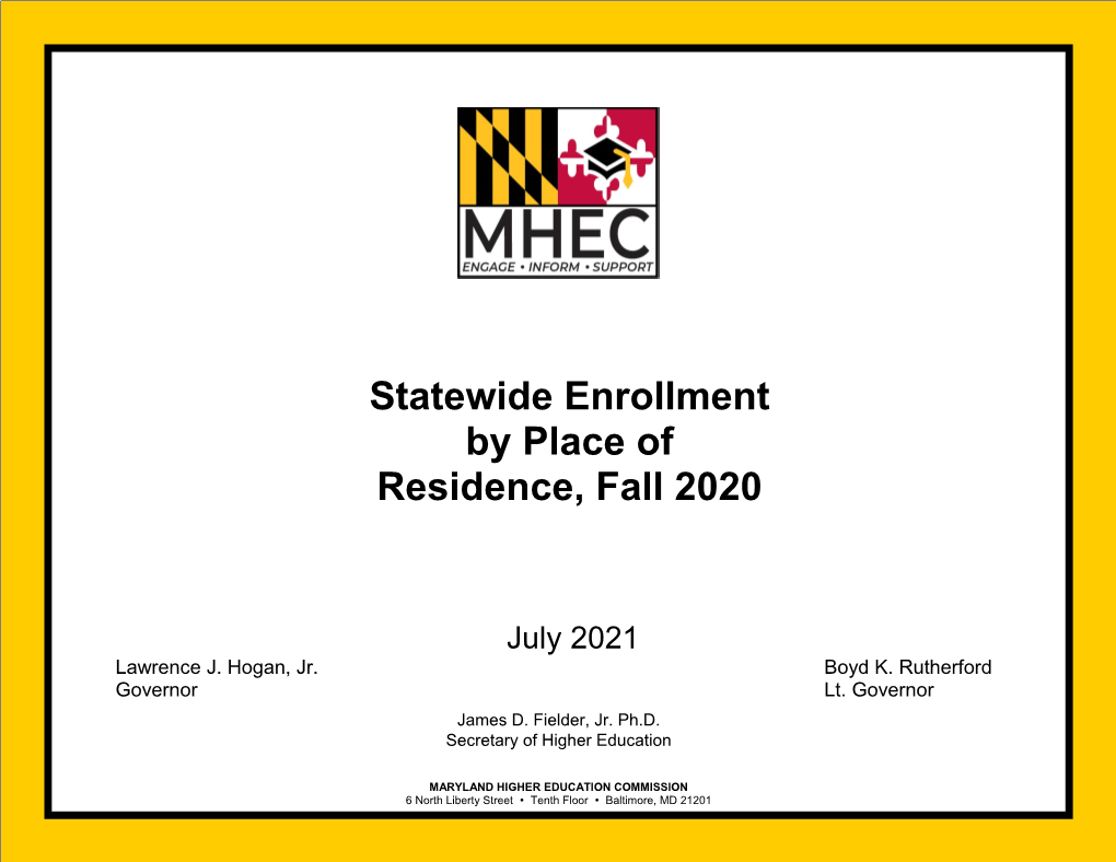 Fall 2020 Enrollment by Place of Residence MD Statewide