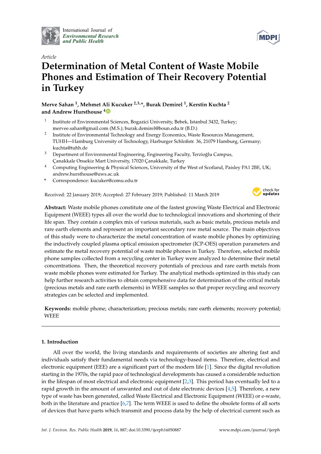 Determination of Metal Content of Waste Mobile Phones and Estimation of Their Recovery Potential in Turkey