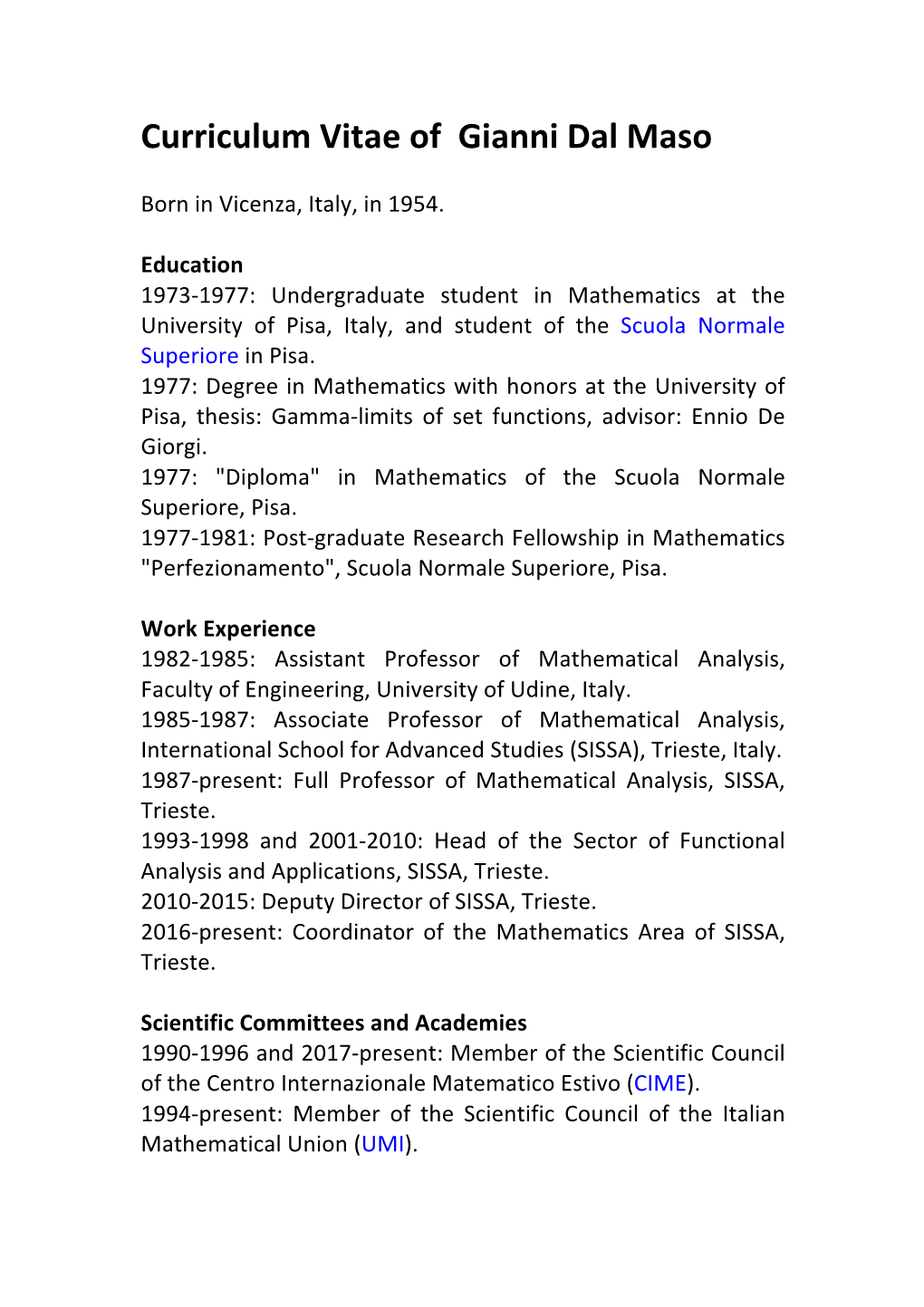 Curriculum Vitae of Gianni Dal Maso