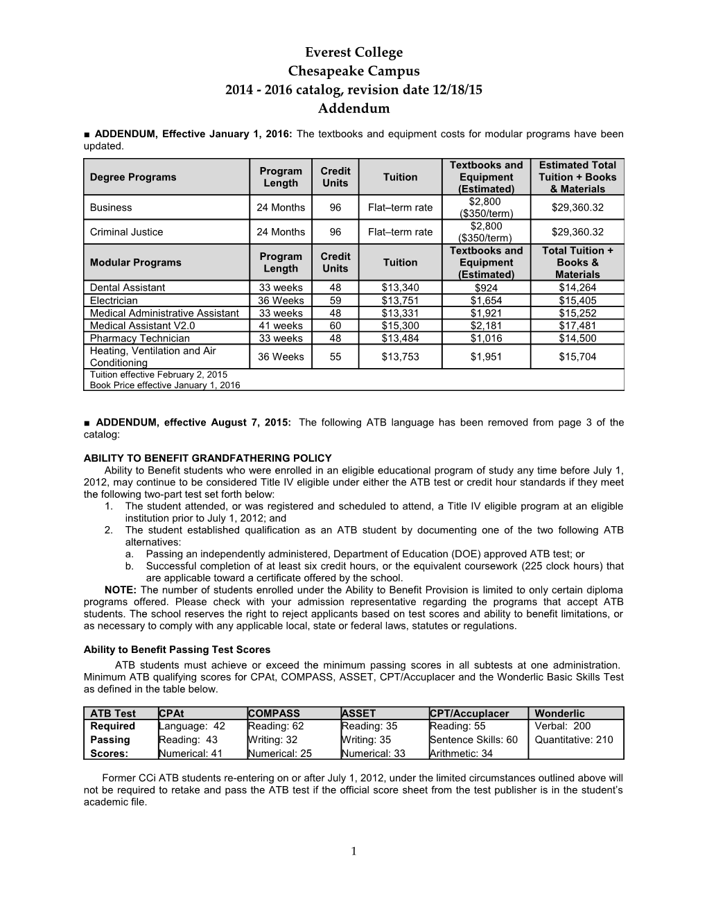 ADDENDUM Effective January 1, 2009: the Following Tuition and Fees Table Is Updated For