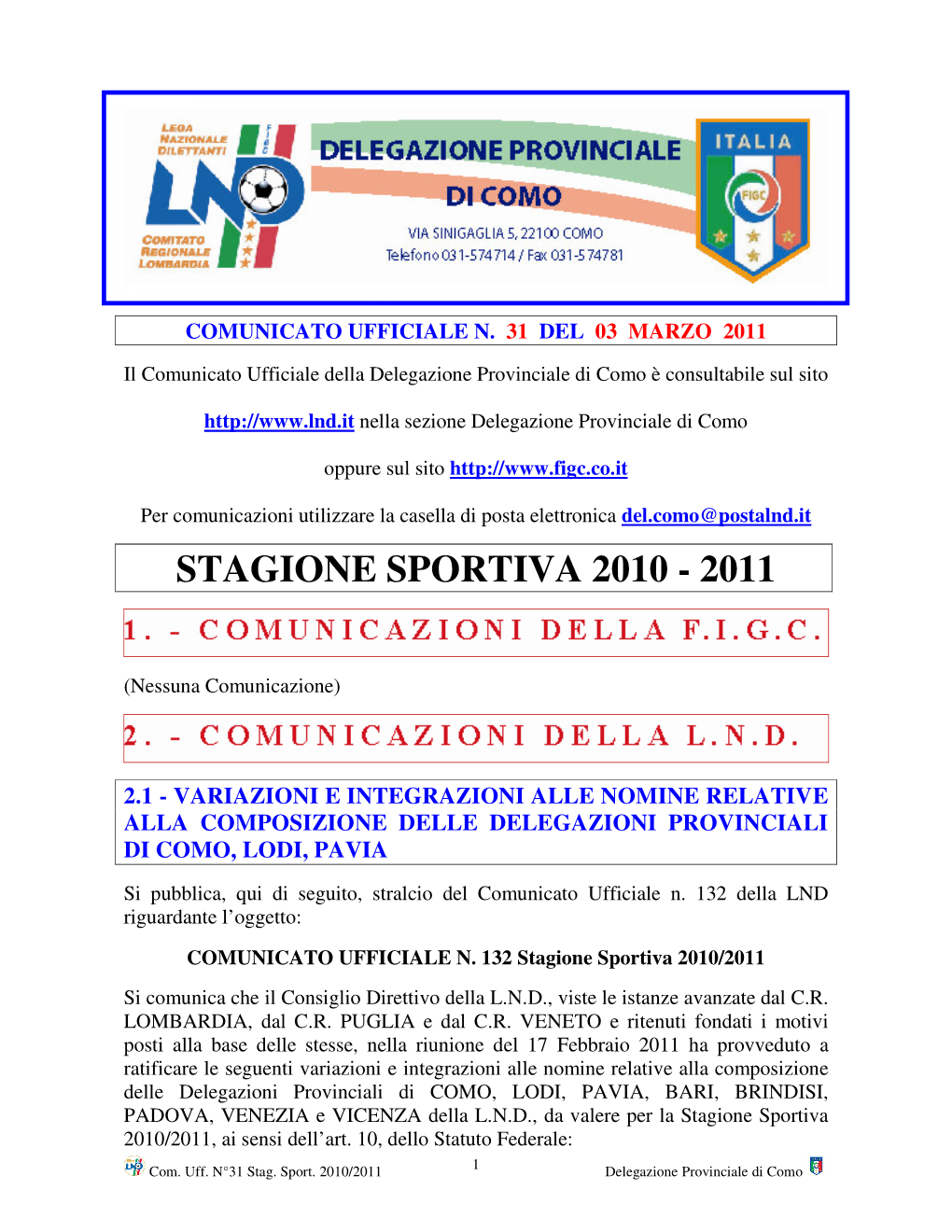 Stagione Sportiva 2010 - 2011