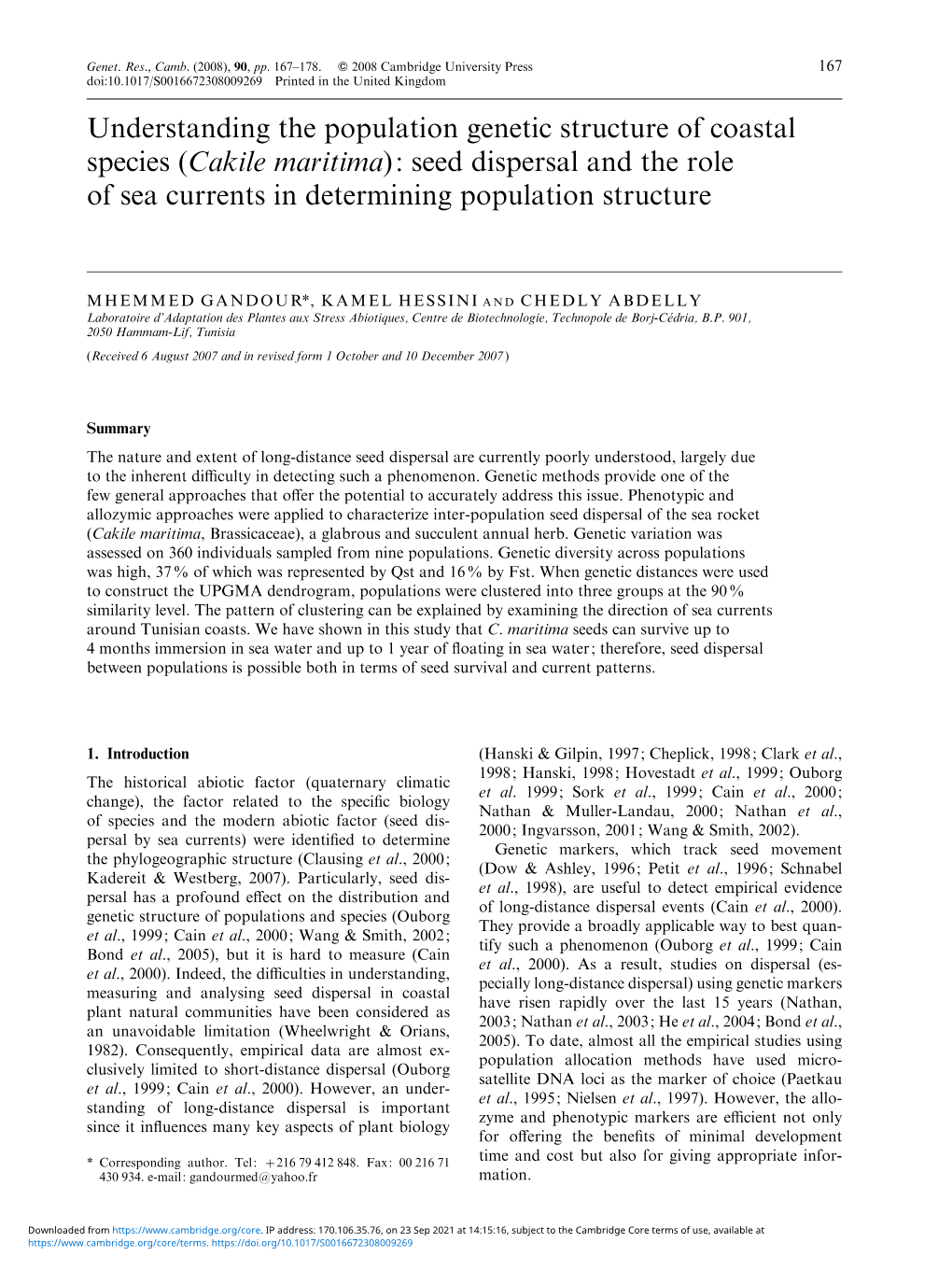 Understanding the Population Genetic Structure of Coastal Species (Cakile Maritima): Seed Dispersal and the Role of Sea Currents in Determining Population Structure