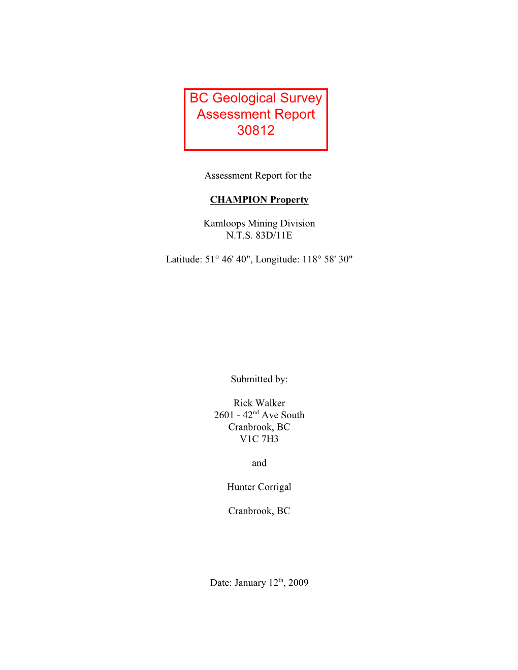 BC Geological Survey Assessment Report 30812