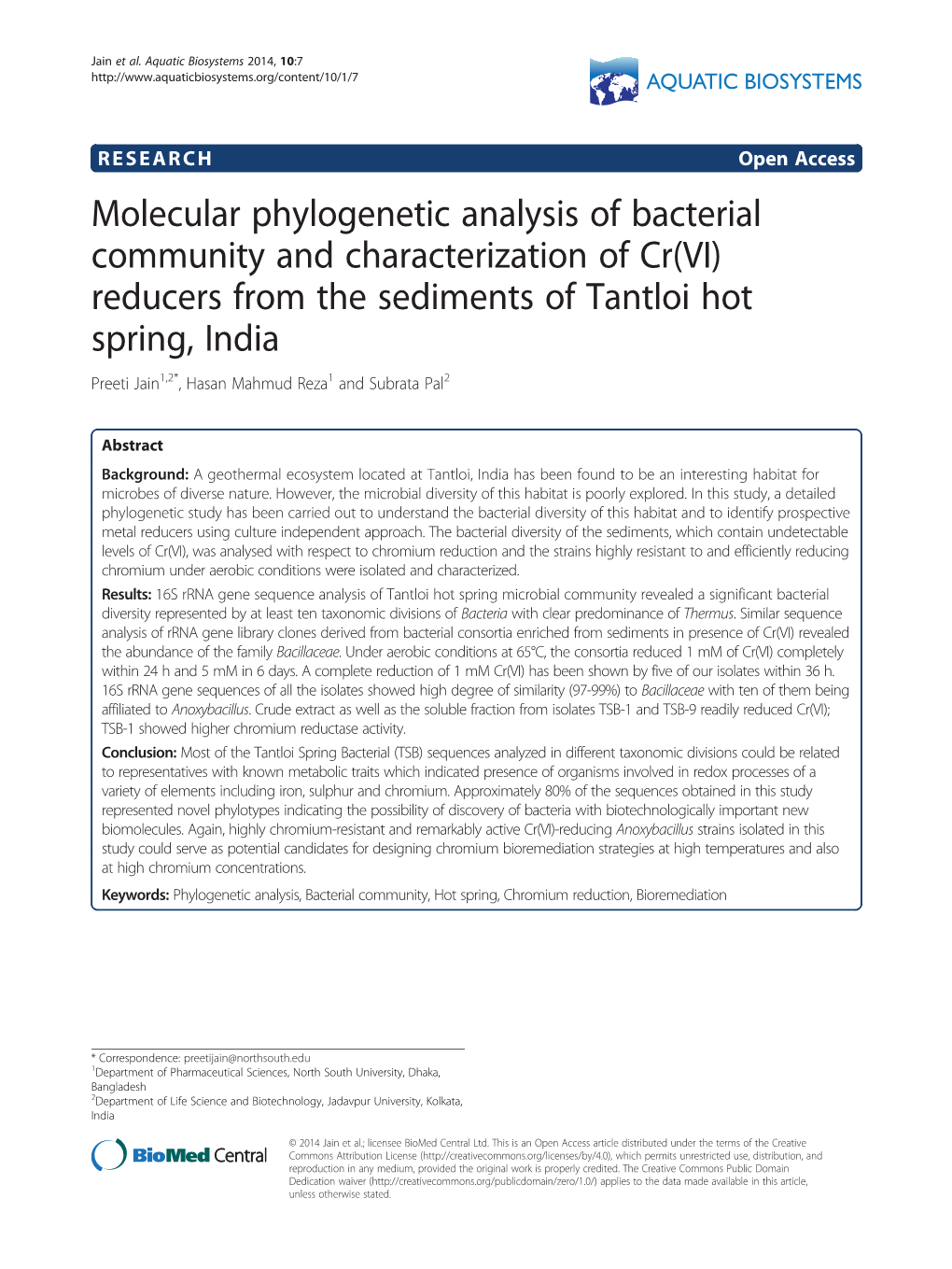 Reducers from the Sediments of Tantloi Hot Spring, India Preeti Jain1,2*, Hasan Mahmud Reza1 and Subrata Pal2