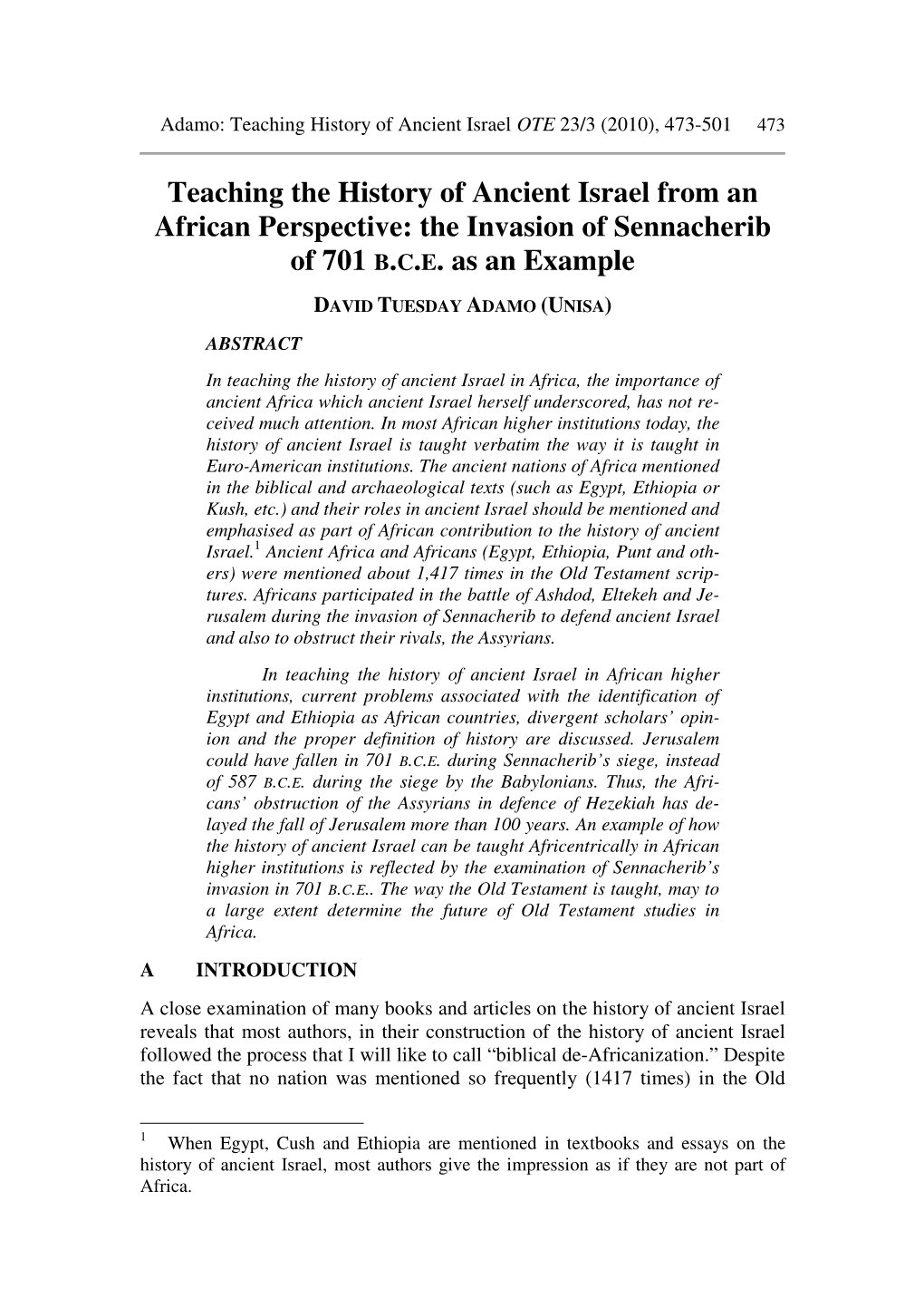 Teaching the History of Ancient Israel from an African Perspective: the Invasion of Sennacherib of 701 B.C.E