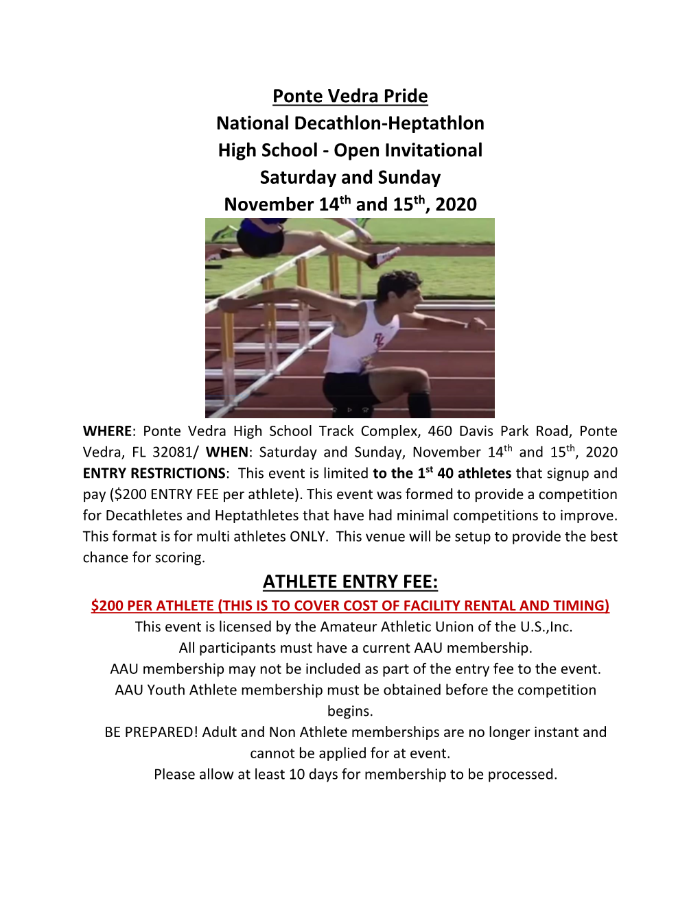 Ponte Vedra Pride National Decathlon-Heptathlon High School - Open Invitational Saturday and Sunday November 14Th and 15Th, 2020