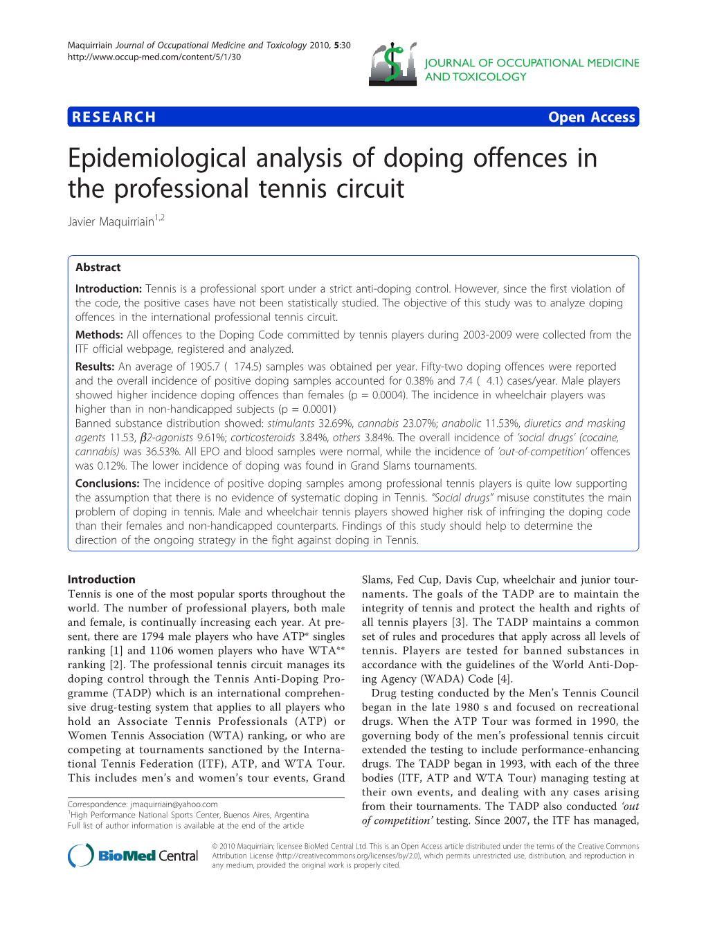 Epidemiological Analysis of Doping Offences in the Professional Tennis Circuit Javier Maquirriain1,2