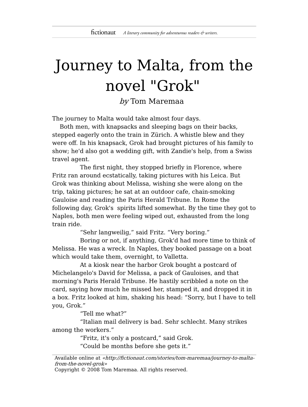 Journey to Malta, from the Novel "Grok" by Tom Maremaa