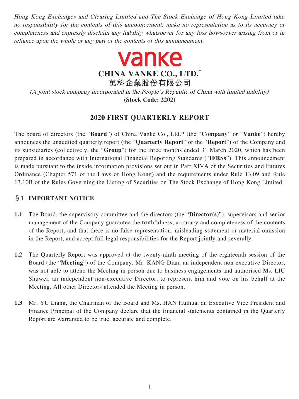 CHINA VANKE CO., LTD.* 萬科企業股份有限公司 (A Joint Stock Company Incorporated in the People’S Republic of China with Limited Liability) (Stock Code: 2202)