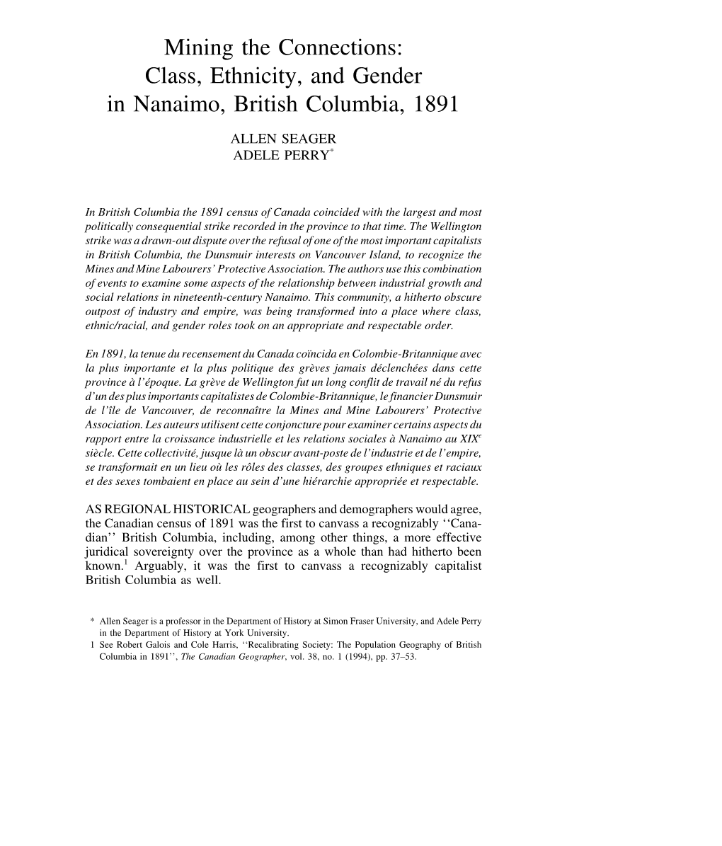 Mining the Connections: Class, Ethnicity, and Gender in Nanaimo, British Columbia, 1891