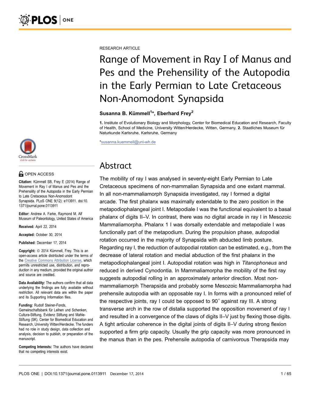 Range of Movement in Ray I of Manus and Pes and the Prehensility of the Autopodia in the Early Permian to Late Cretaceous Non-Anomodont Synapsida