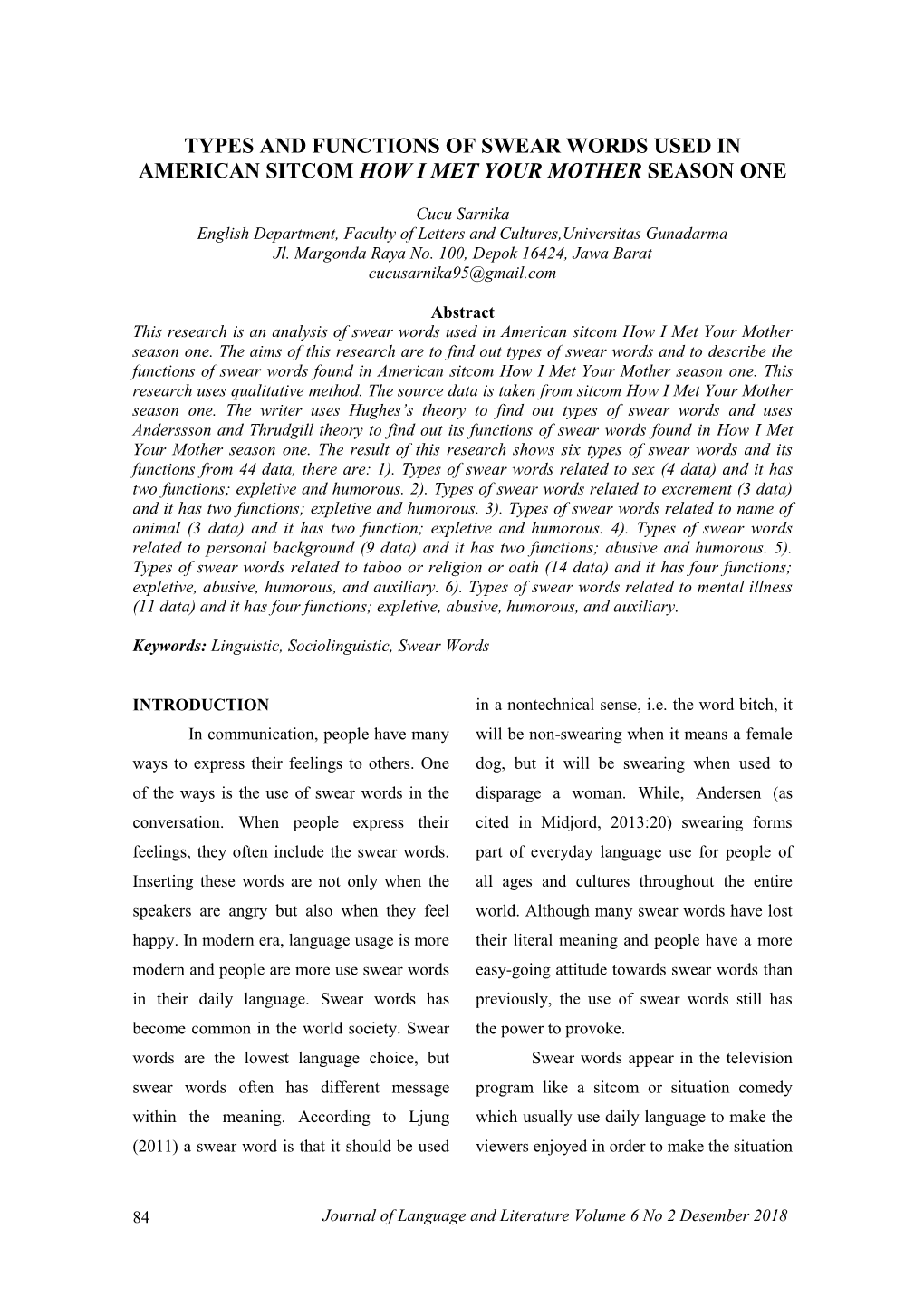 Types and Functions of Swear Words Used in American Sitcom How I Met Your Mother Season One