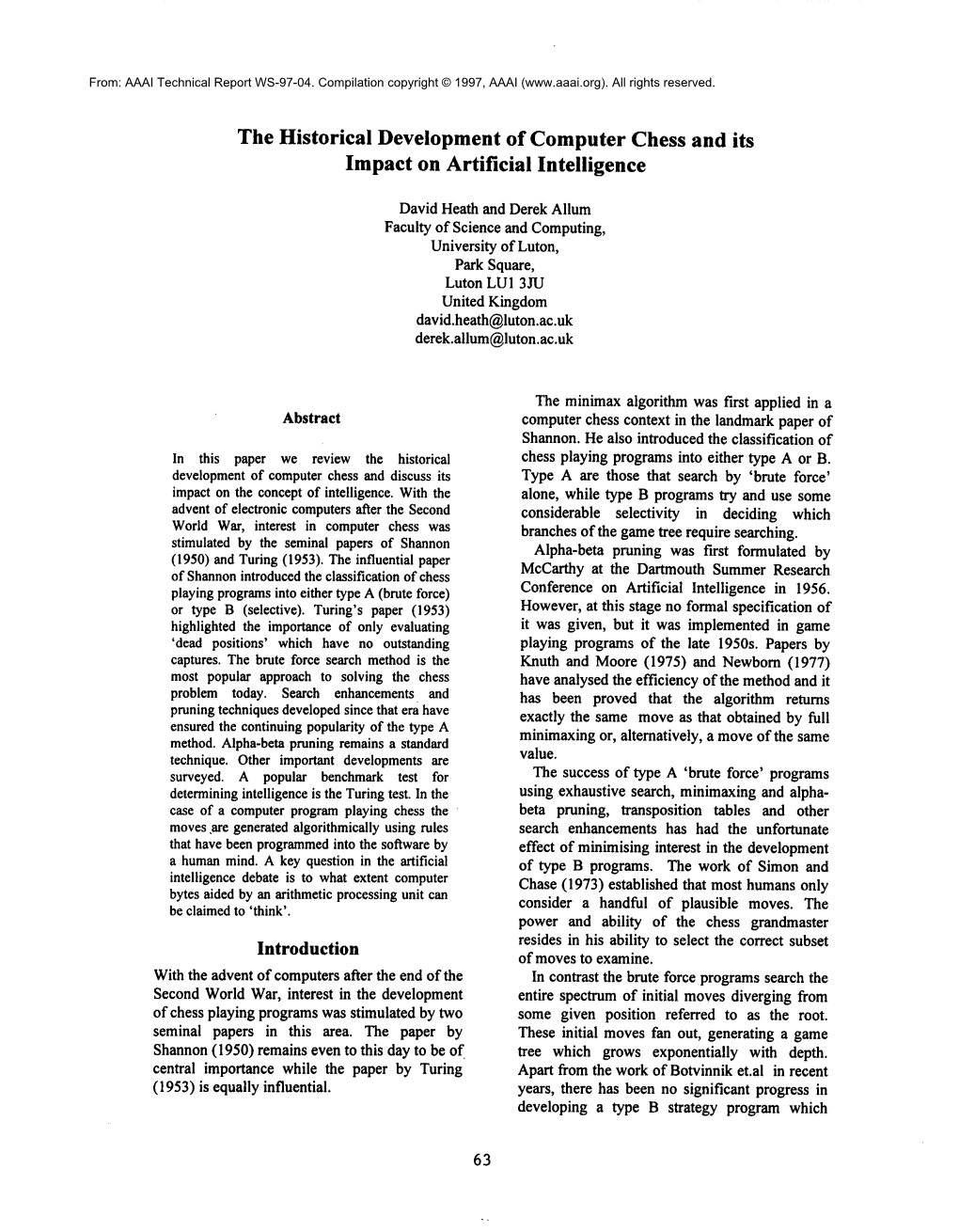 The Historical Development of Computer Chess and Its Impact on Artificial Intelligence